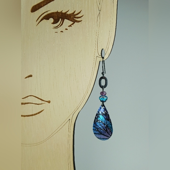 HAND CRAFTED Butterfly Wing Earrings Black Blue Purple Artisan Glass Fairycore - Picture 5 of 6